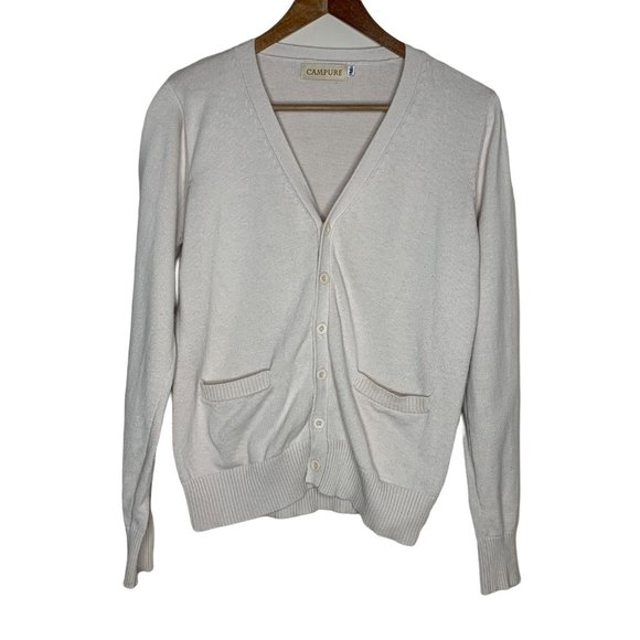 Campure V-Neck Cardigan Cream Button Front Pockets 100% Cotton Long Sleeve Med - Picture 1 of 8